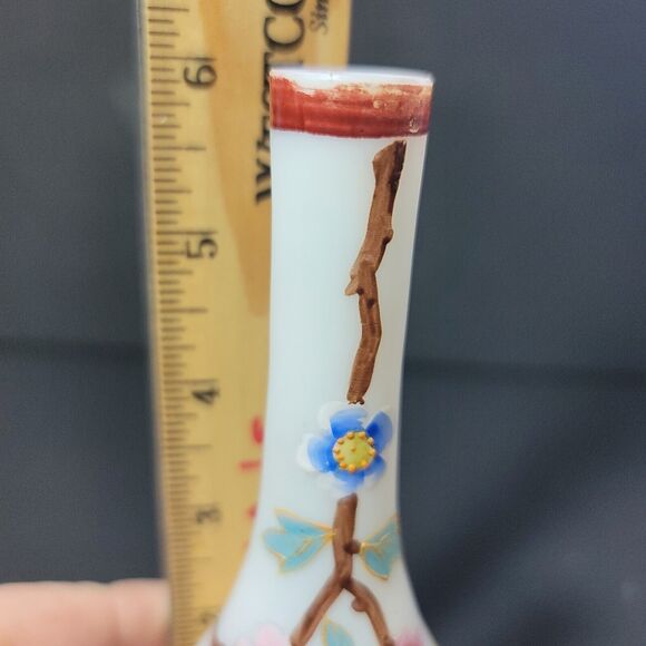 Frosted Glass Bud Face Hand Painted Pink And Blue Flowers on Branch 6" Vintage - Picture 7 of 8